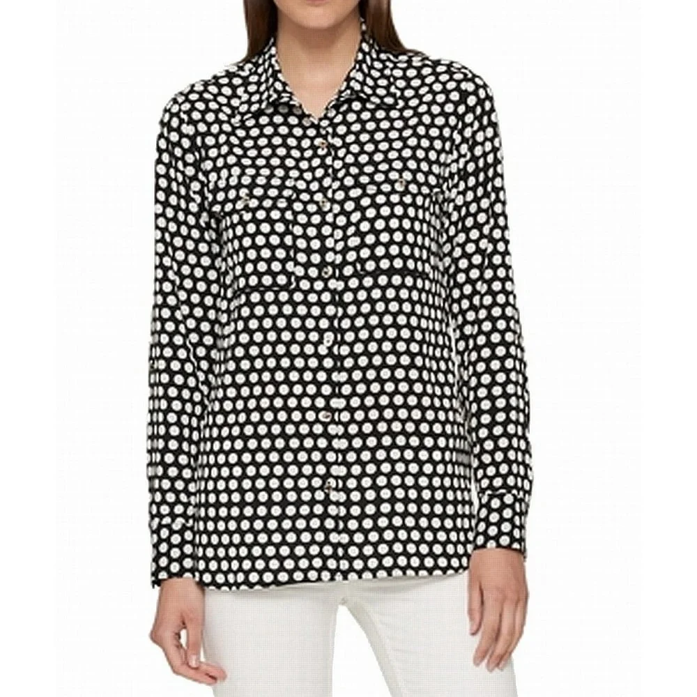 NWOT! Women’s Tommy Hilfiger Clip Black/White Polka Dot Button Down Blouse Large - Picture 1 of 15